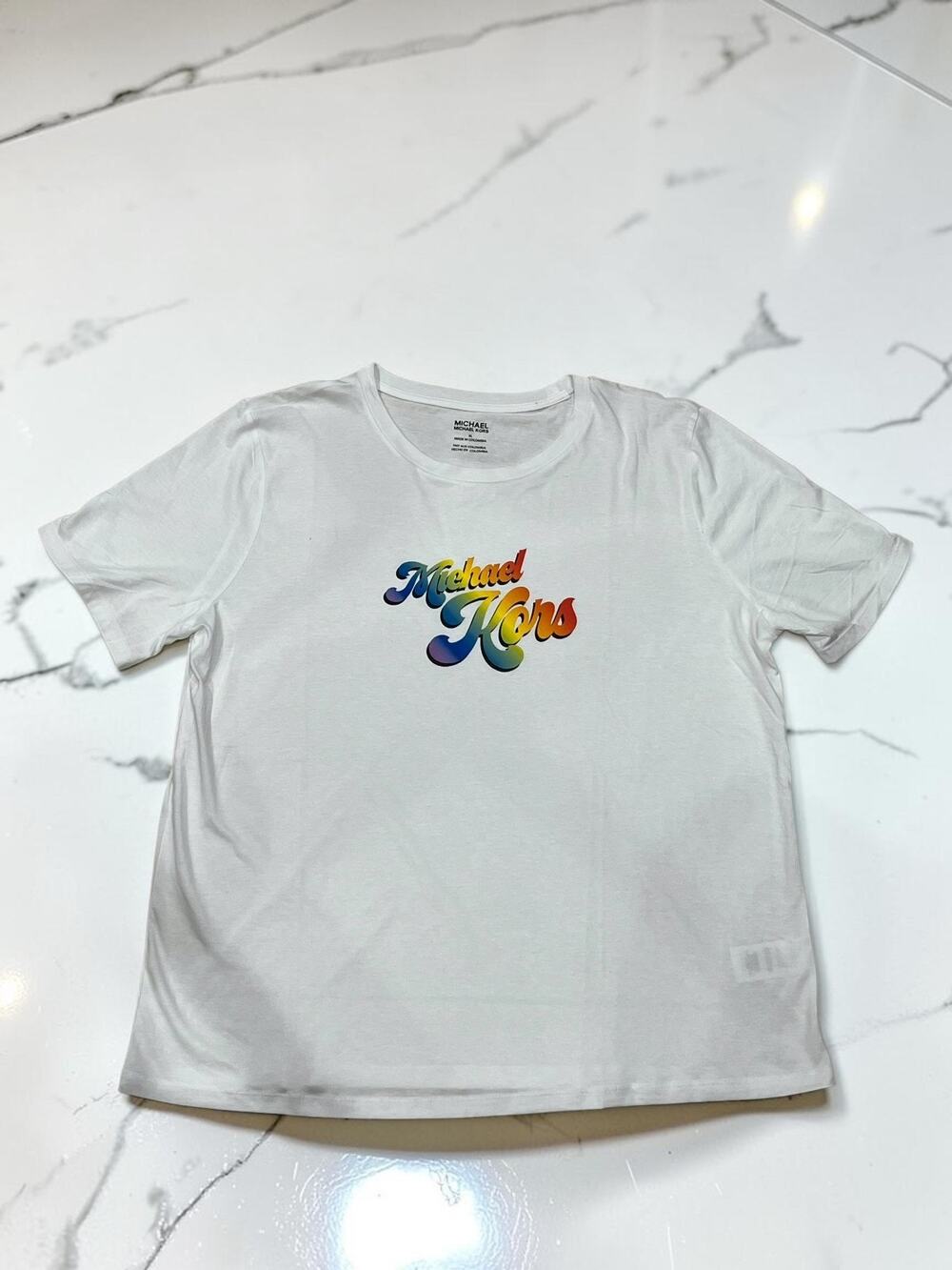 Michael Kors Women’s Rainbow Logo Graphic T-Shirt White Size XL NWT